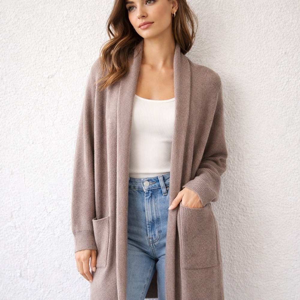 NWT Kerisma Kumi Long‎ Cardigan S/M Taupe Rib Knit Angora Blend Cozy Layer
